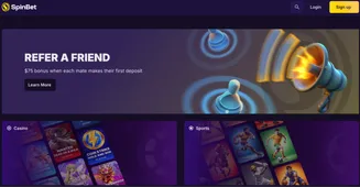 SpinBet – Refer a Friend & Get $75 Bonus Refer a Friend promotion with megaphone and players imagery